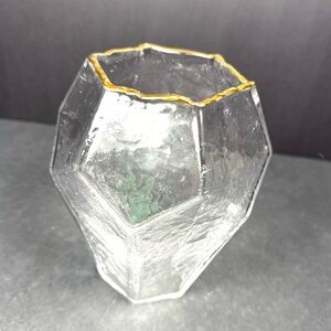Vintage Polyhedron European Mondex glass vase wtih gold rim. 6" Art Glass Vase